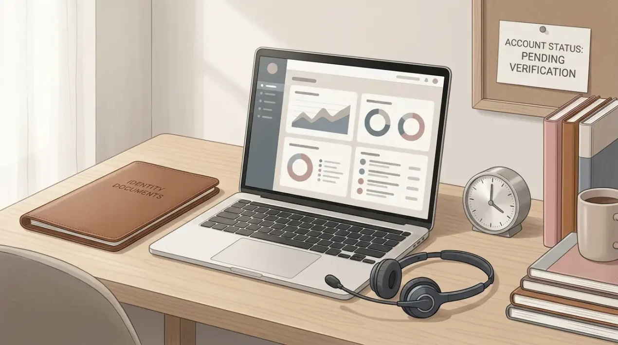 Laptop with a neutral account dashboard beside an identity document folder and support headset