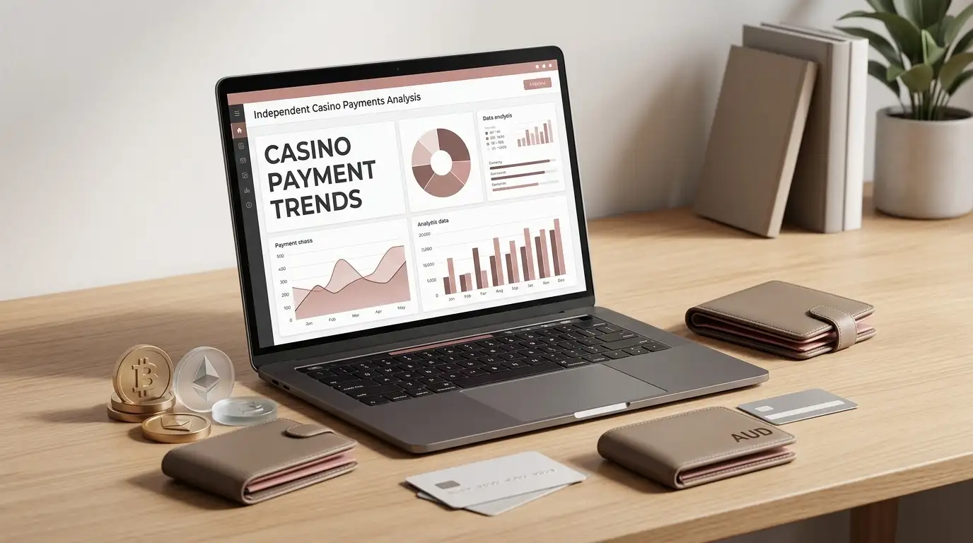Laptop beside generic payment cards, an Australian dollar wallet and abstract cryptocurrency tokens