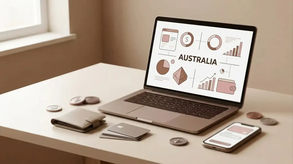 Laptop beside an Australian dollar wallet, payment cards and abstract cryptocurrency tokens