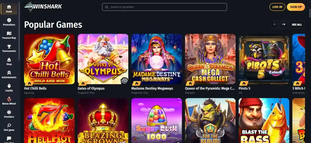 Winshark desktop homepage navigation and game-category tiles