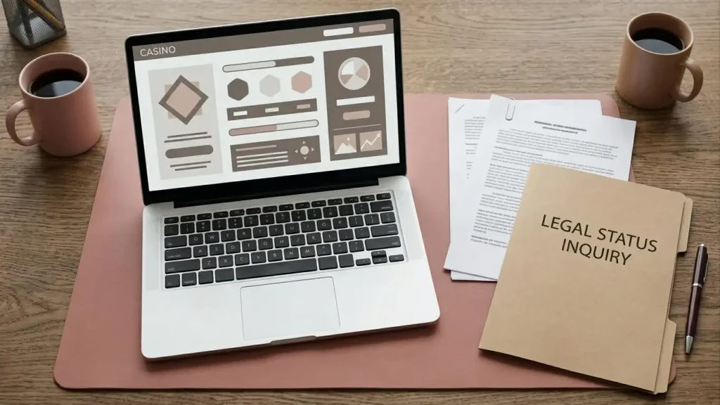 Australian legal documents beside a laptop and a neutral online casino interface