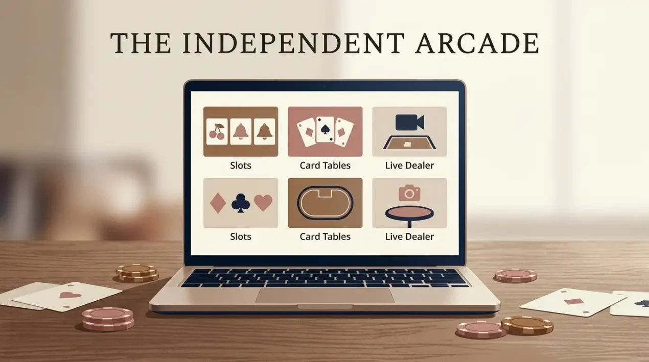 Laptop displaying a neutral grid of slot, card and live-dealer game thumbnails