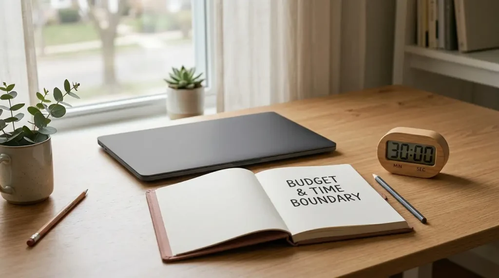 Notebook with spending and time boundaries beside a timer and closed laptop