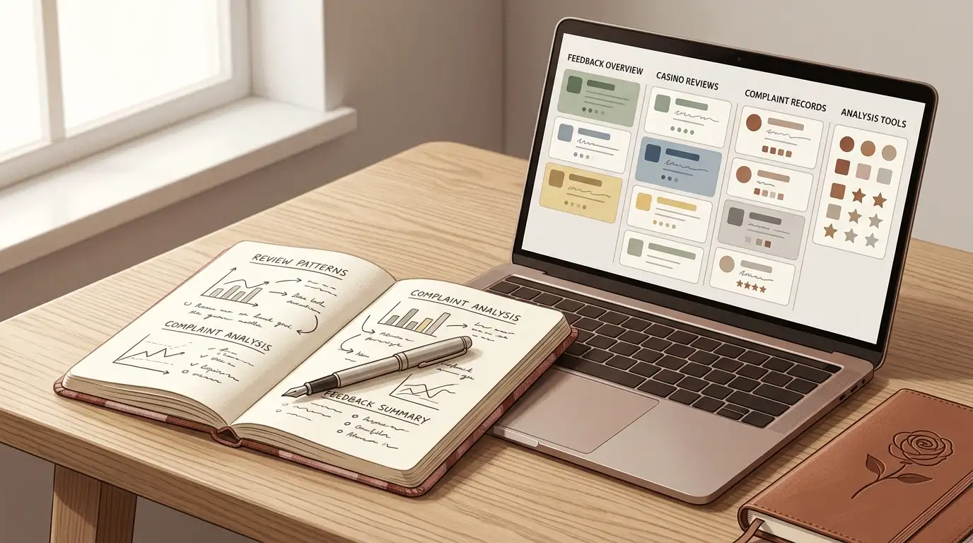 Notebook beside a laptop showing abstract review cards and complaint-status markers